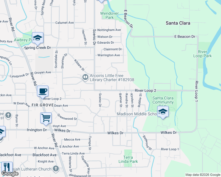 map of restaurants, bars, coffee shops, grocery stores, and more near 600 River Loop 2 in Eugene