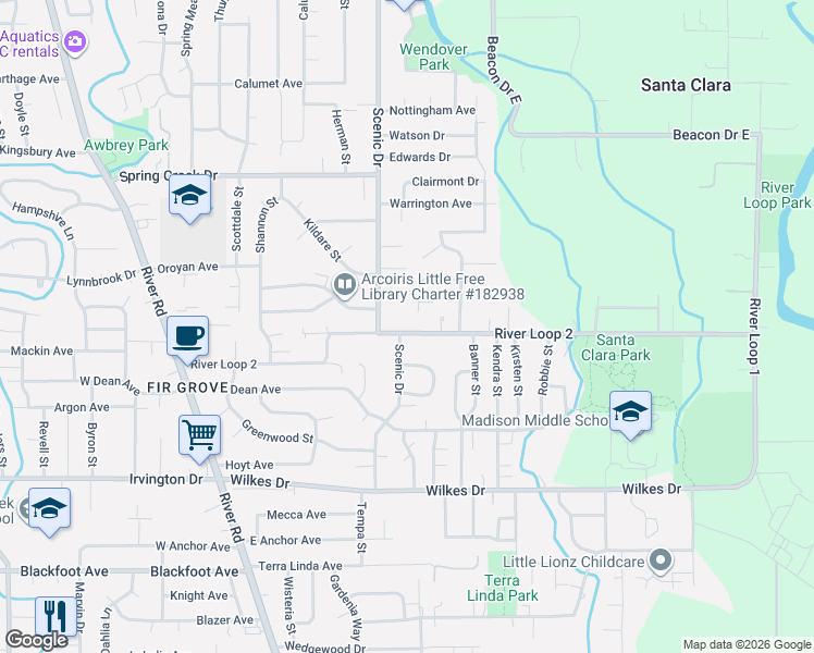map of restaurants, bars, coffee shops, grocery stores, and more near 535 River Loop 2 in Eugene
