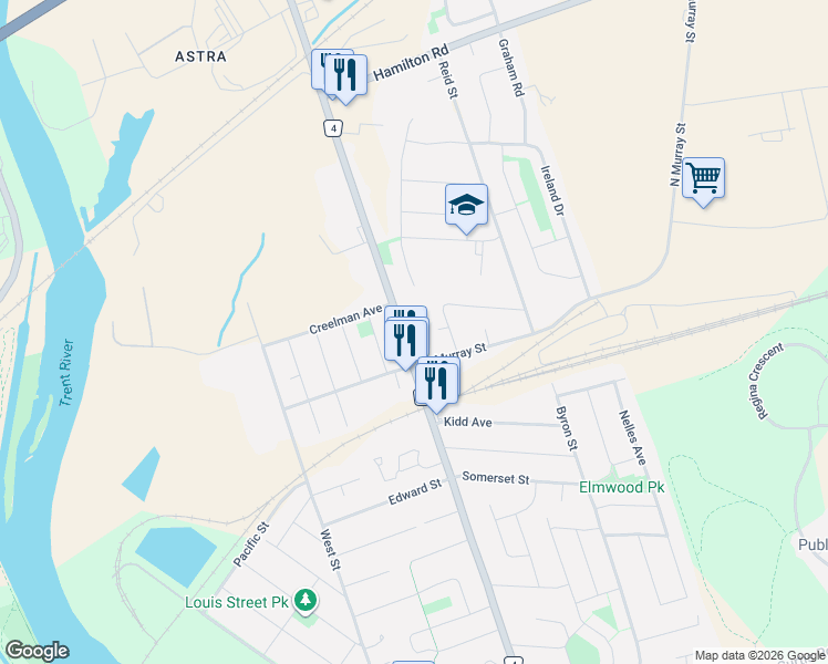 map of restaurants, bars, coffee shops, grocery stores, and more near 327 Sidney Street in Quinte West