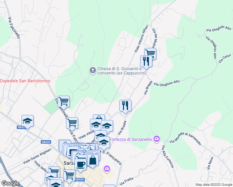 map of restaurants, bars, coffee shops, grocery stores, and more near in Sarzana