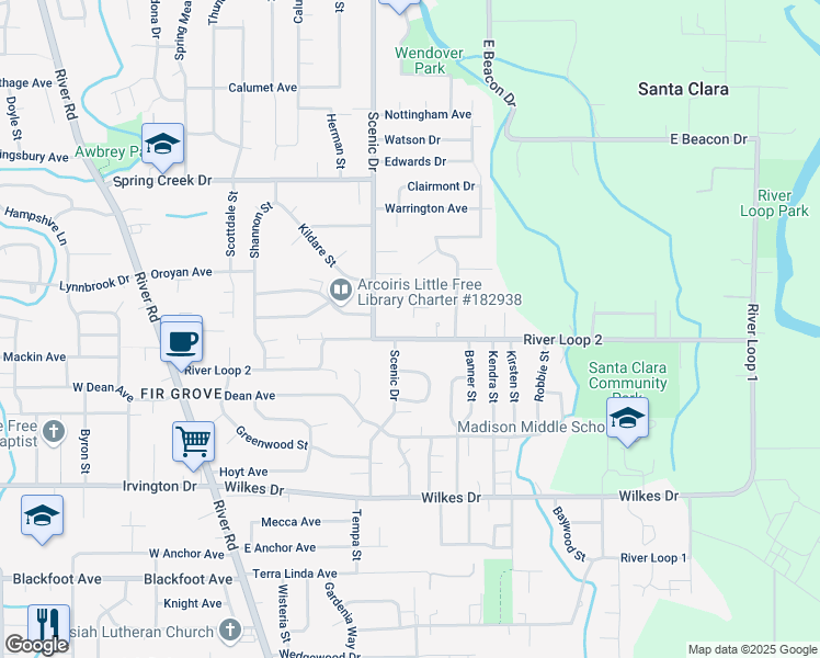 map of restaurants, bars, coffee shops, grocery stores, and more near 550 River Loop 2 in Eugene