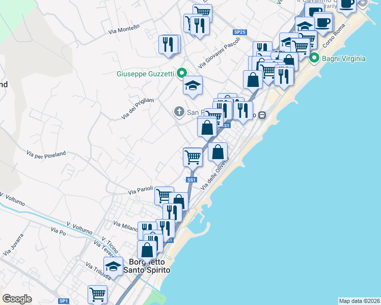 map of restaurants, bars, coffee shops, grocery stores, and more near 4 Via Aurelia in Loano