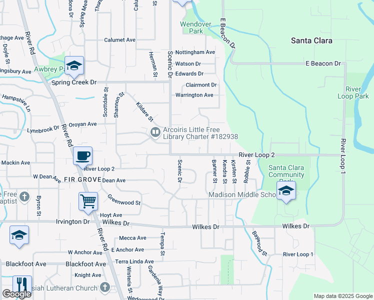 map of restaurants, bars, coffee shops, grocery stores, and more near 550 River Loop 2 in Eugene