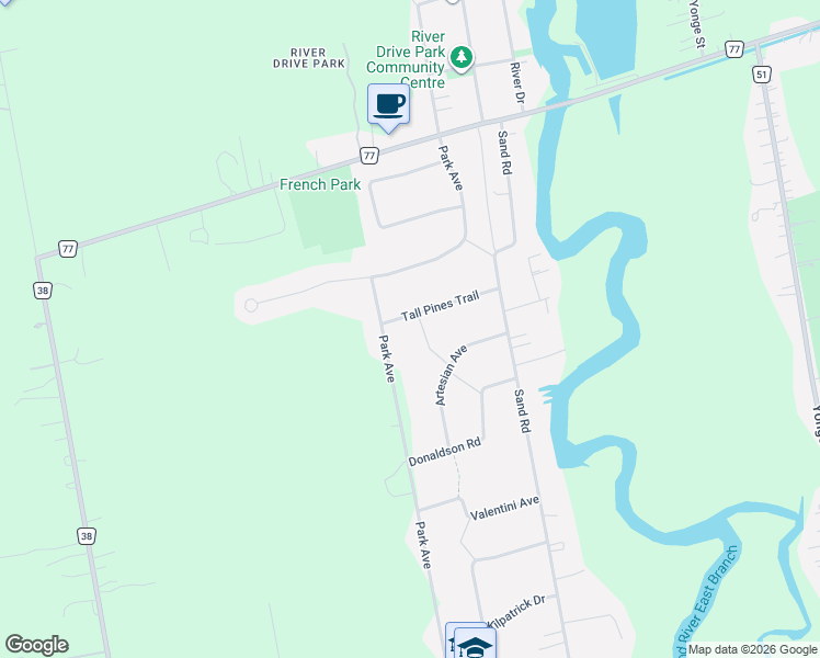 map of restaurants, bars, coffee shops, grocery stores, and more near 23 Tall Pines Trail in East Gwillimbury
