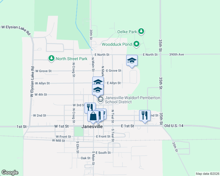map of restaurants, bars, coffee shops, grocery stores, and more near 206 East 4th Street in Janesville