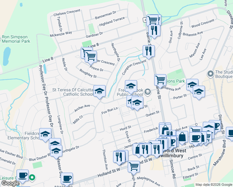 map of restaurants, bars, coffee shops, grocery stores, and more near 6 Compton Crescent in Bradford West Gwillimbury