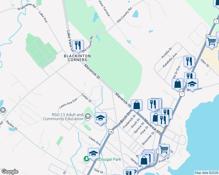 map of restaurants, bars, coffee shops, grocery stores, and more near 142 Maverick Street in Rockland