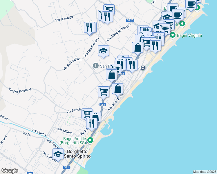 map of restaurants, bars, coffee shops, grocery stores, and more near 442 Via Aurelia in Loano