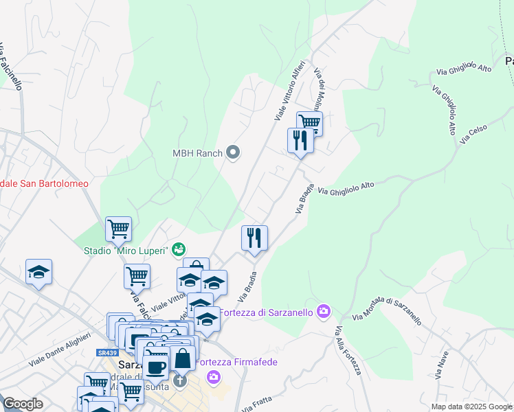 map of restaurants, bars, coffee shops, grocery stores, and more near 227 Via dei Molini in Sarzana