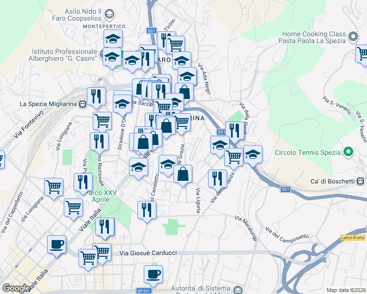 map of restaurants, bars, coffee shops, grocery stores, and more near Via Gagliola in La Spezia