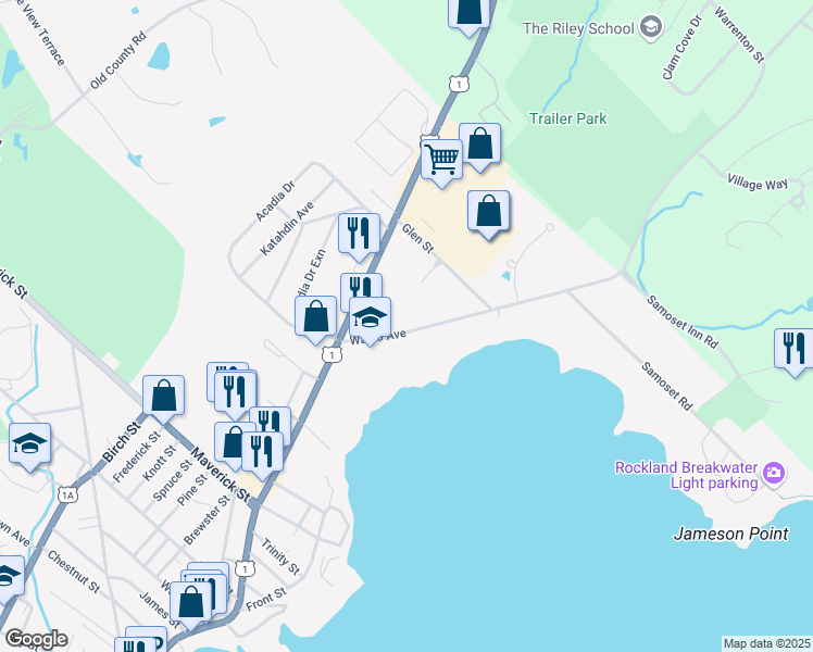 map of restaurants, bars, coffee shops, grocery stores, and more near 18 Breakwater Drive in Rockland