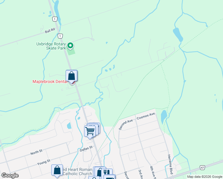 map of restaurants, bars, coffee shops, grocery stores, and more near 2 Gooseberry Lane in Uxbridge