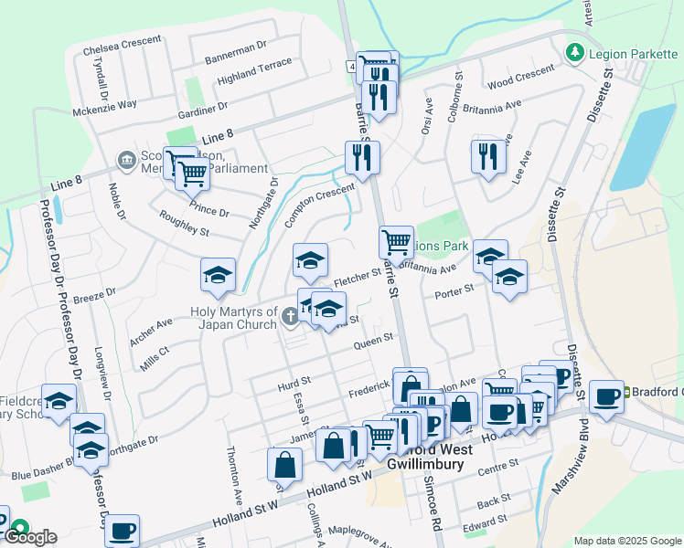 map of restaurants, bars, coffee shops, grocery stores, and more near 57 Fletcher Street in Bradford West Gwillimbury
