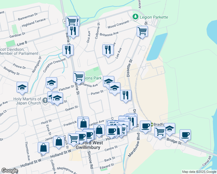 map of restaurants, bars, coffee shops, grocery stores, and more near 189 Colborne Street in Bradford West Gwillimbury