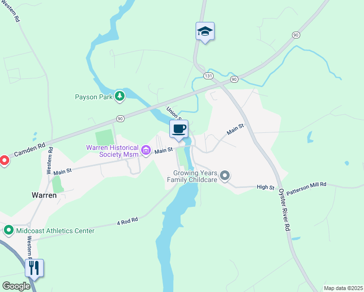 map of restaurants, bars, coffee shops, grocery stores, and more near 306 Main Street in Warren