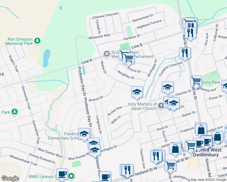 map of restaurants, bars, coffee shops, grocery stores, and more near 25 Breeze Drive in Bradford West Gwillimbury