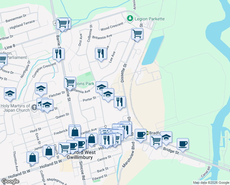 map of restaurants, bars, coffee shops, grocery stores, and more near 50 Baynes Way in Bradford West Gwillimbury