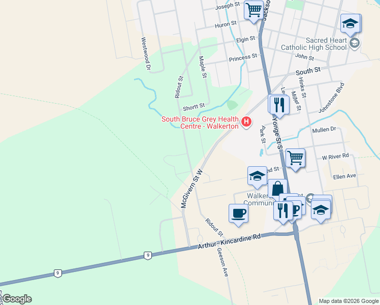 map of restaurants, bars, coffee shops, grocery stores, and more near 74 Ridout Street in Walkerton