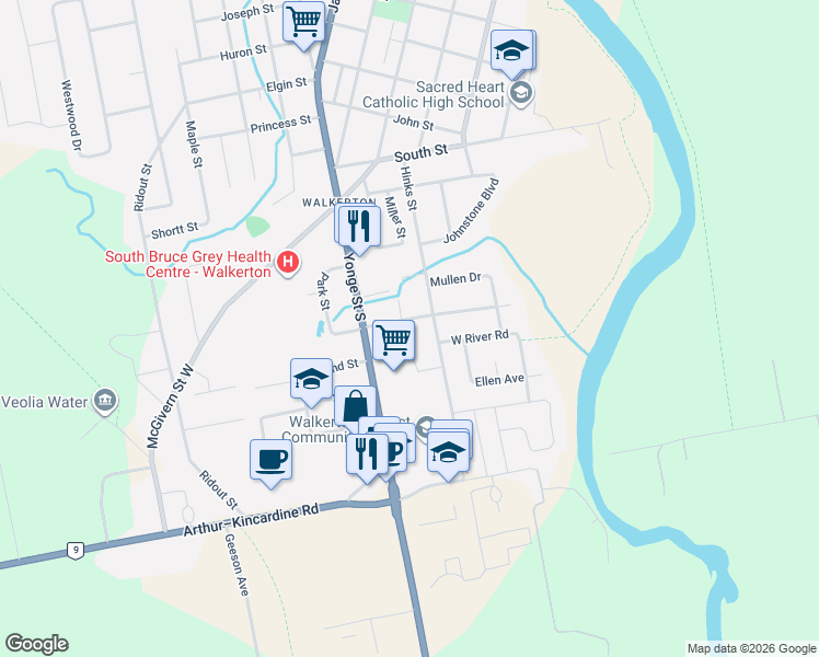 map of restaurants, bars, coffee shops, grocery stores, and more near 2 Marco Street in Walkerton