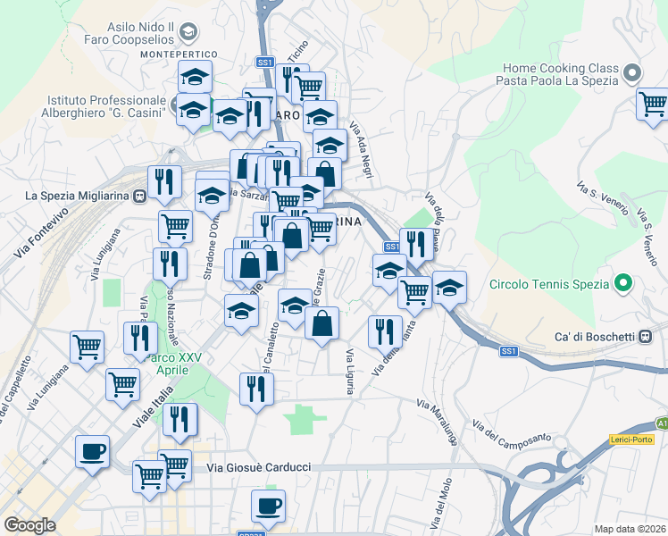 map of restaurants, bars, coffee shops, grocery stores, and more near Via Gagliola in La Spezia