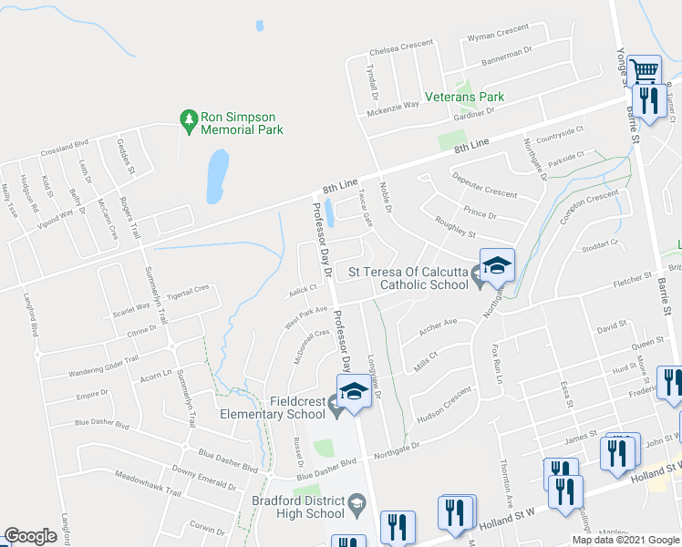 map of restaurants, bars, coffee shops, grocery stores, and more near 44 Luisa Street in Bradford West Gwillimbury
