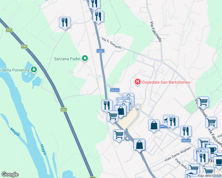 map of restaurants, bars, coffee shops, grocery stores, and more near 95 Via Cisa in Sarzana