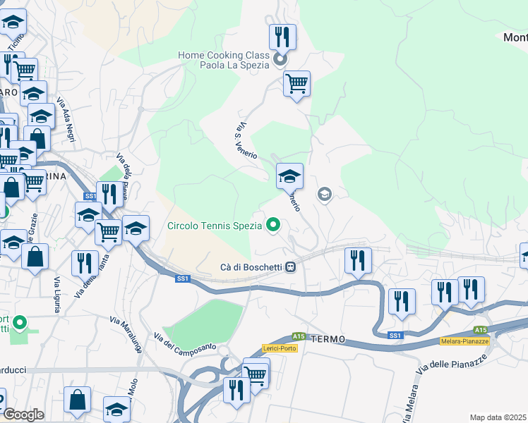 map of restaurants, bars, coffee shops, grocery stores, and more near 63 Via San Venerio in La Spezia