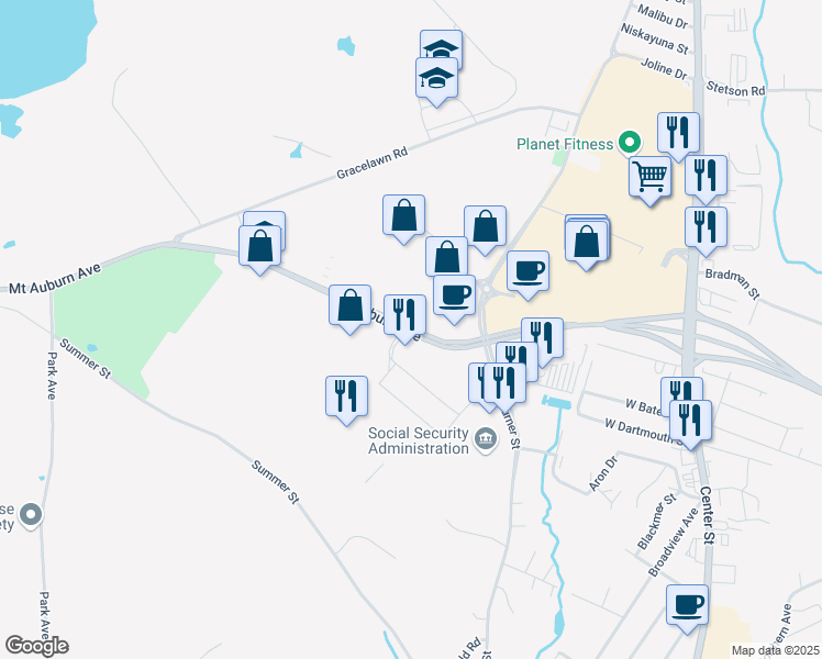 map of restaurants, bars, coffee shops, grocery stores, and more near 105 Mount Auburn Avenue in Auburn