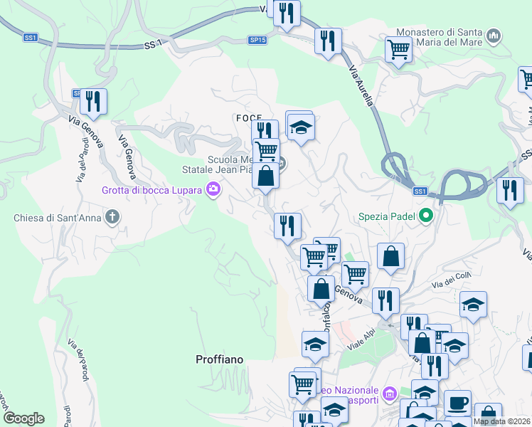 map of restaurants, bars, coffee shops, grocery stores, and more near 285 Via Genova in La Spezia