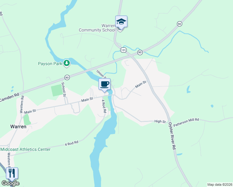 map of restaurants, bars, coffee shops, grocery stores, and more near 340 Main Street in Warren