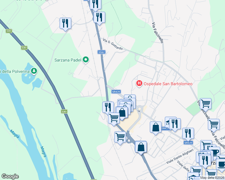 map of restaurants, bars, coffee shops, grocery stores, and more near 95 Via Cisa in Sarzana