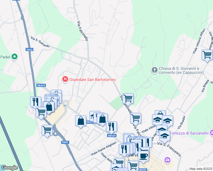 map of restaurants, bars, coffee shops, grocery stores, and more near 33 Via Falcinello in Sarzana
