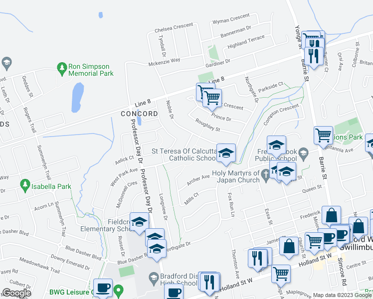 map of restaurants, bars, coffee shops, grocery stores, and more near 23 Breeze Drive in Bradford West Gwillimbury
