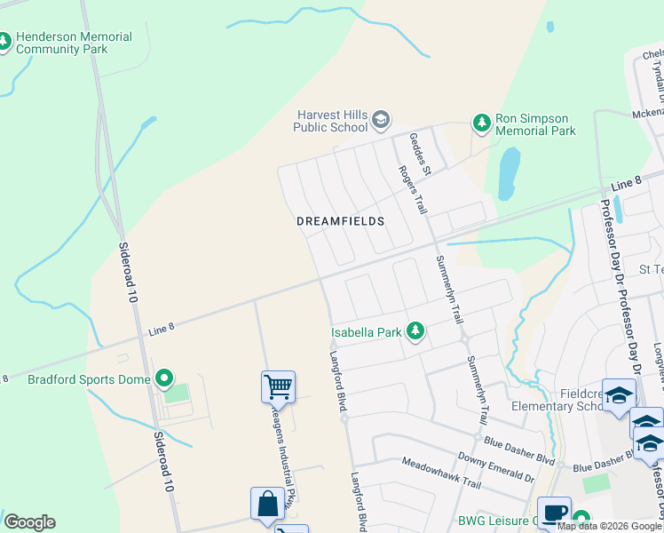 map of restaurants, bars, coffee shops, grocery stores, and more near 11 Selby Cresent in Bradford West Gwillimbury