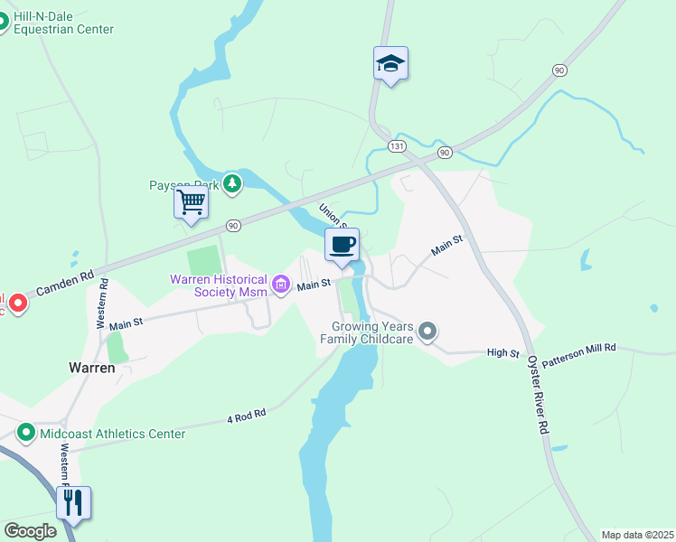 map of restaurants, bars, coffee shops, grocery stores, and more near 306 Main Street in Warren