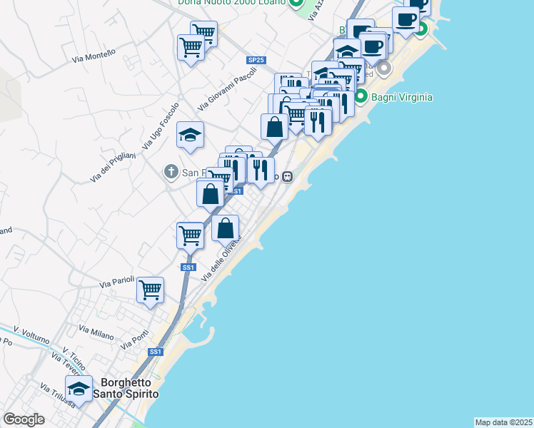 map of restaurants, bars, coffee shops, grocery stores, and more near Lungomare Marconi in Provincia di Savona