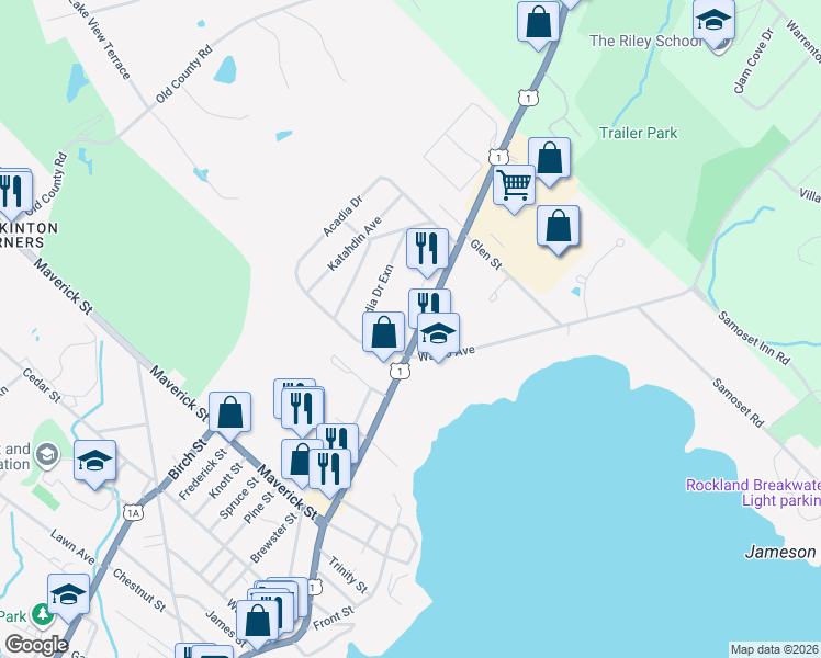 map of restaurants, bars, coffee shops, grocery stores, and more near 168 Camden St in Rockland
