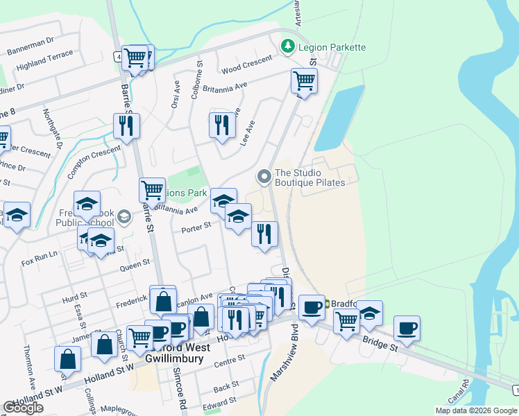 map of restaurants, bars, coffee shops, grocery stores, and more near 60 Baynes Way in Bradford West Gwillimbury