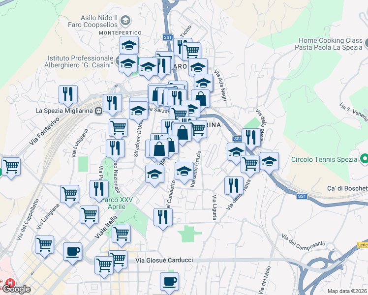 map of restaurants, bars, coffee shops, grocery stores, and more near 55 Piazza Concordia in La Spezia