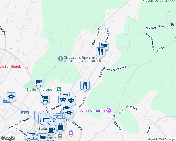 map of restaurants, bars, coffee shops, grocery stores, and more near 227 Via dei Molini in Sarzana