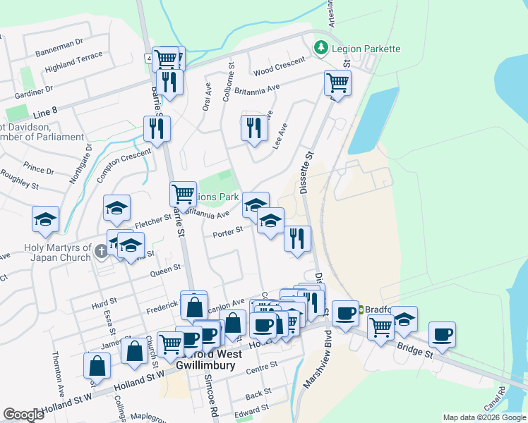 map of restaurants, bars, coffee shops, grocery stores, and more near 44 Natale Court in Bradford West Gwillimbury