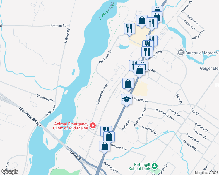 map of restaurants, bars, coffee shops, grocery stores, and more near 85 Strawberry Avenue in Lewiston