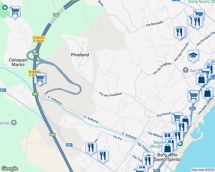 map of restaurants, bars, coffee shops, grocery stores, and more near 8 Via Castellaro in Borghetto Santo Spirito