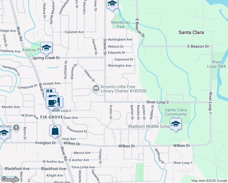 map of restaurants, bars, coffee shops, grocery stores, and more near 568 Dublin Avenue in Eugene