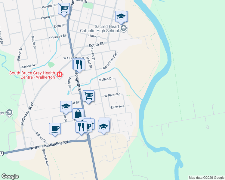 map of restaurants, bars, coffee shops, grocery stores, and more near 115 Browns Lane in Walkerton