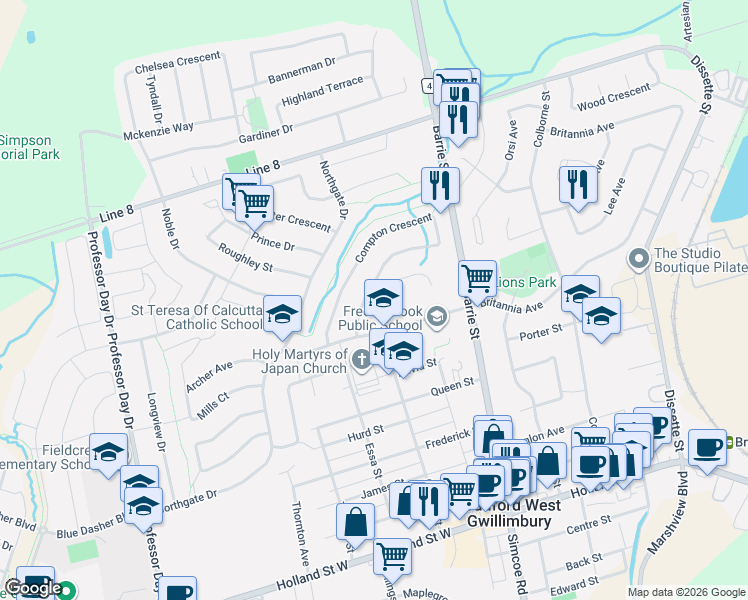map of restaurants, bars, coffee shops, grocery stores, and more near 145 Compton Crescent in Bradford West Gwillimbury