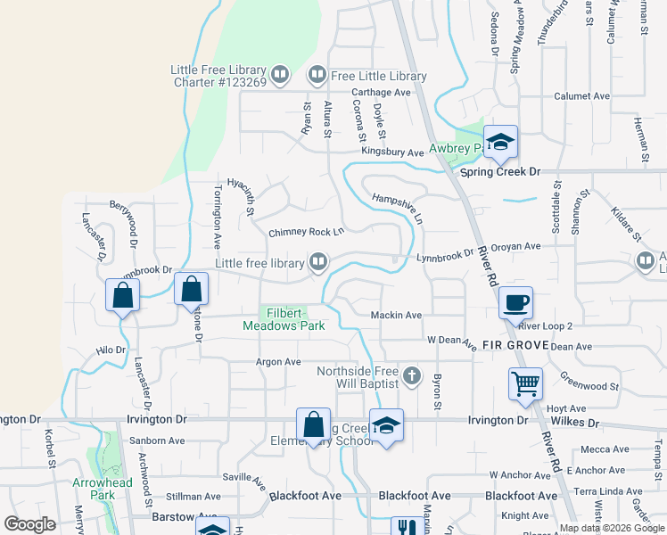 map of restaurants, bars, coffee shops, grocery stores, and more near 162 Lynnbrook Drive in Eugene