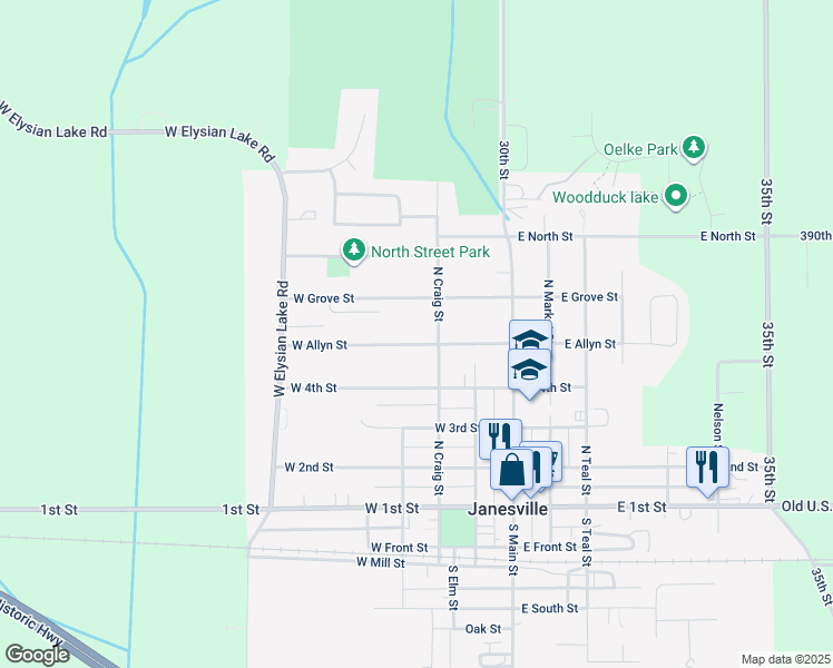 map of restaurants, bars, coffee shops, grocery stores, and more near 308 West Allyn Street in Janesville