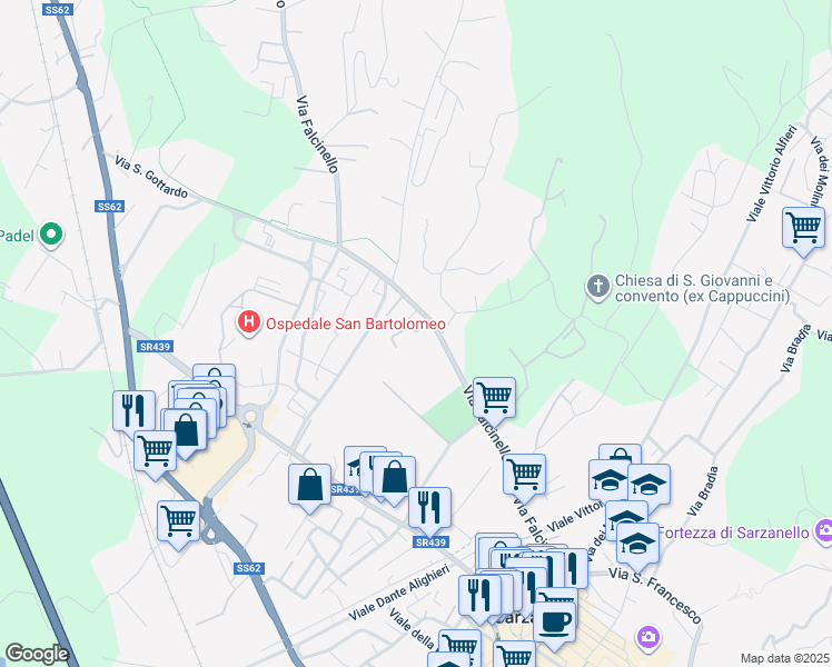map of restaurants, bars, coffee shops, grocery stores, and more near 33 Via Falcinello in Sarzana