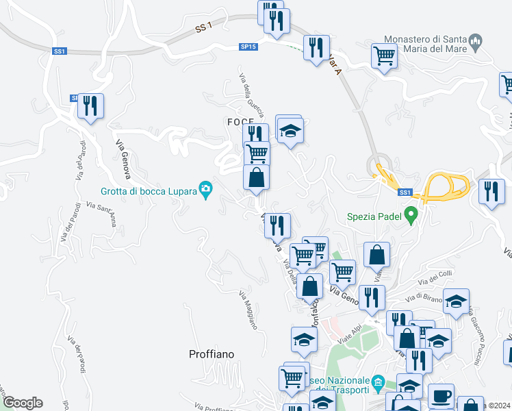 map of restaurants, bars, coffee shops, grocery stores, and more near 285 Via Genova in La Spezia